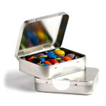 Rectangle Hinge Tin Filled With Choc Beans 65G