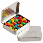 Rectangle Hinge Tin Filled with Chewy Fruits (Skittle Look Alike) 65G